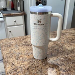 Stanley White Travel Mug with Light Blue Floral Bow Accent and Handle